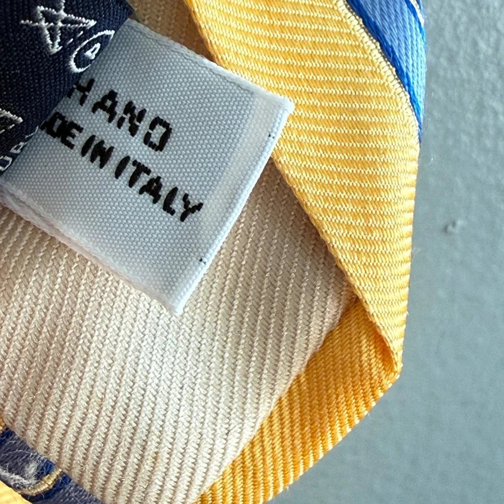 Vtg Barneys New York 100%‎ Silk Regimental Stripe Tie Yellow Blue Handmade Italy